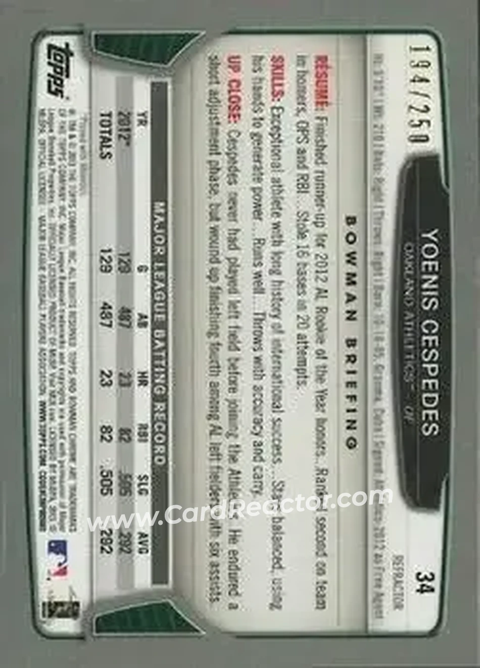 2013 Bowman Chrome - Blue Refractors #34 - Yoenis Cespedes - Oakland Athletics - Back 2013 Bowman Chrome - Blue Refractors #34 - Yoenis Cespedes - Oakland Athletics - Back