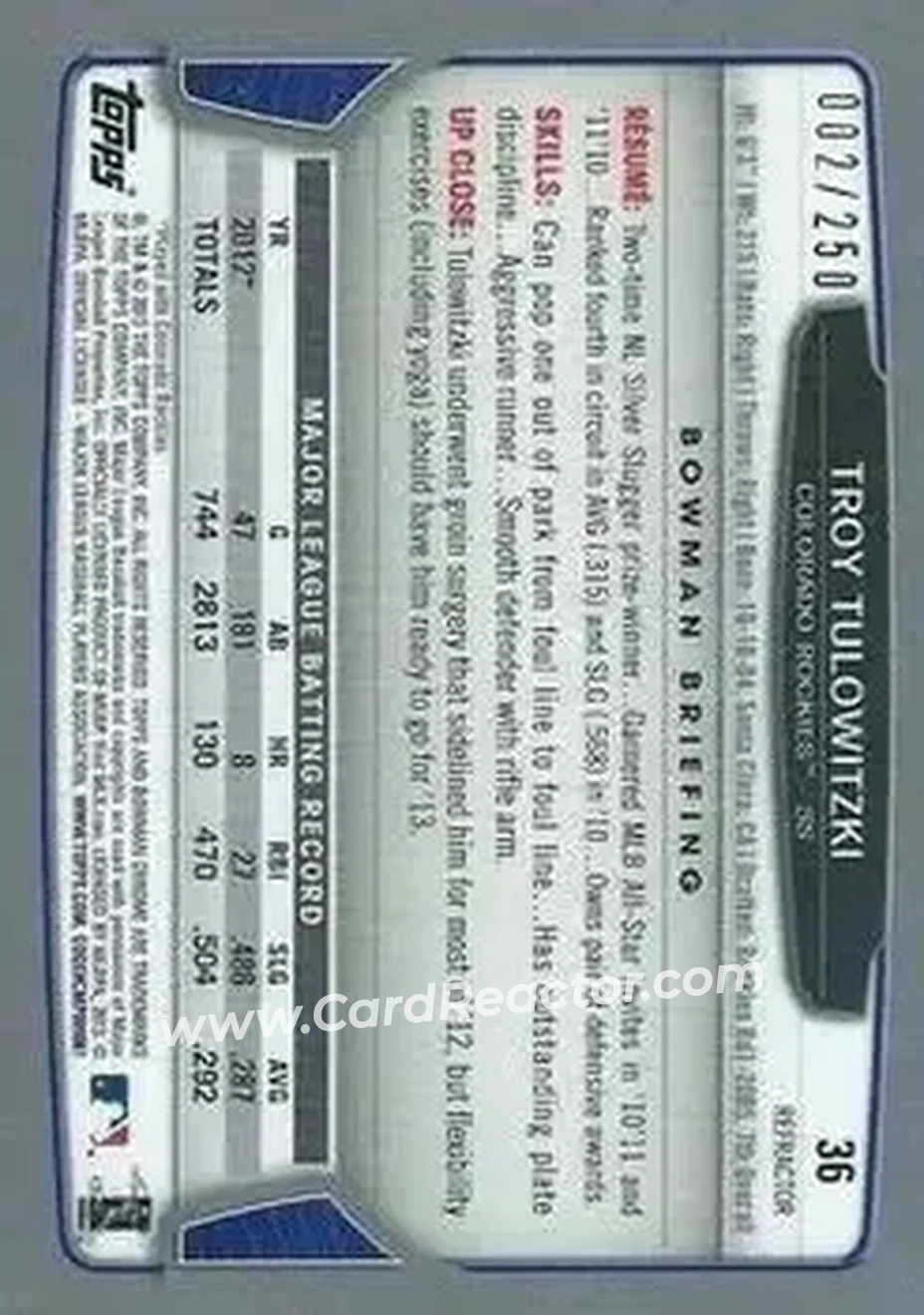 2013 Bowman Chrome - Blue Refractors #36 - Troy Tulowitzki - Colorado Rockies - Back