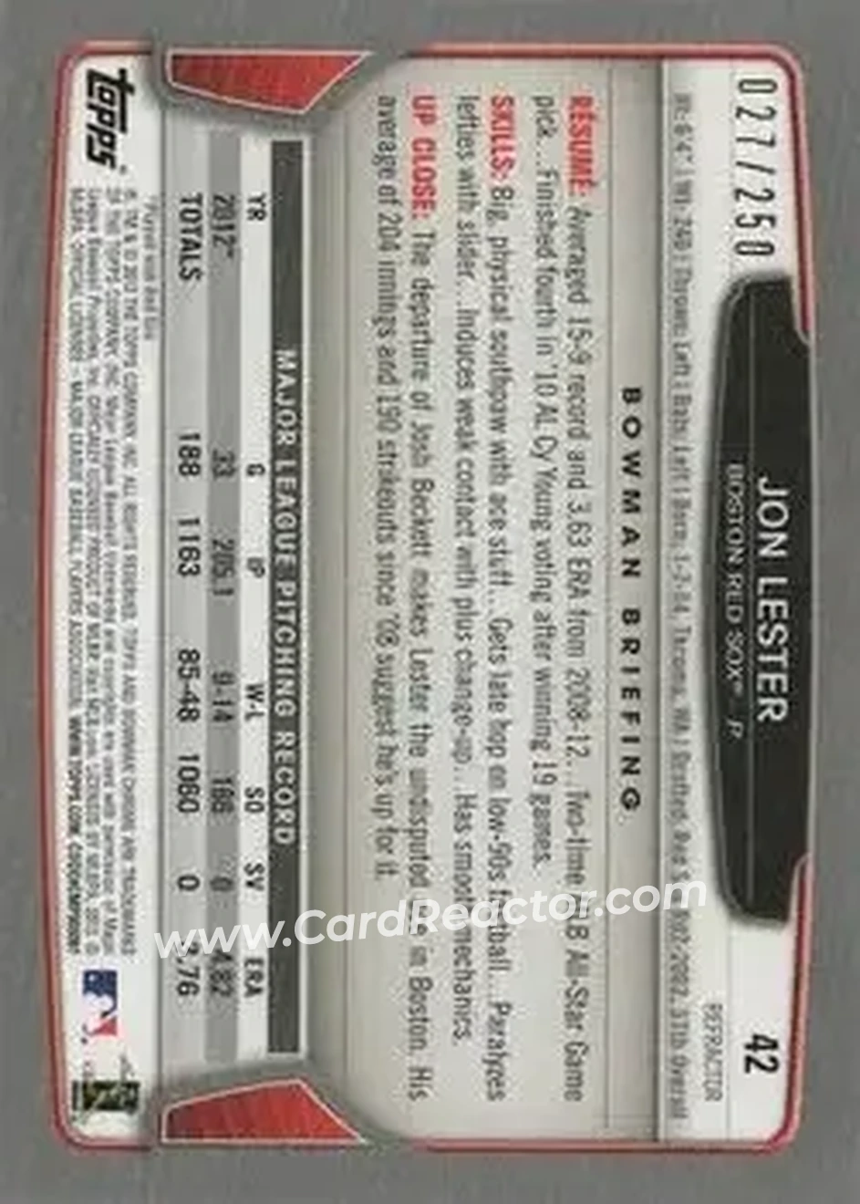 2013 Bowman Chrome - Blue Refractors #42 - Jon Lester - Boston Red Sox - Back