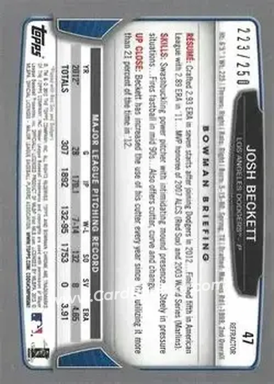 2013 Bowman Chrome - Blue Refractors #47 - Josh Beckett - Los Angeles Dodgers - Back