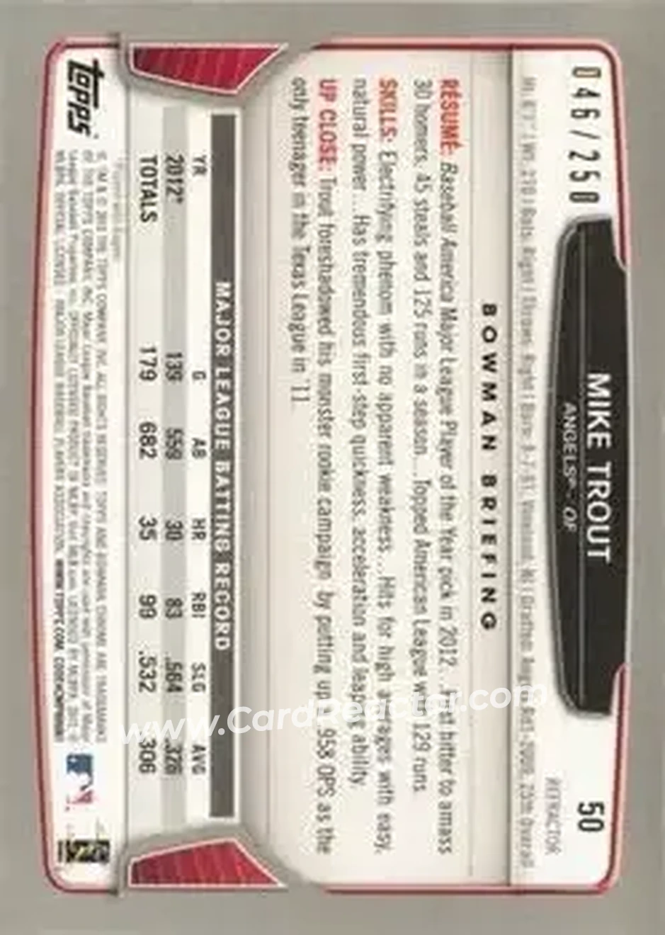 2013 Bowman Chrome - Blue Refractors #50 - Mike Trout - Los Angeles Angels - Back