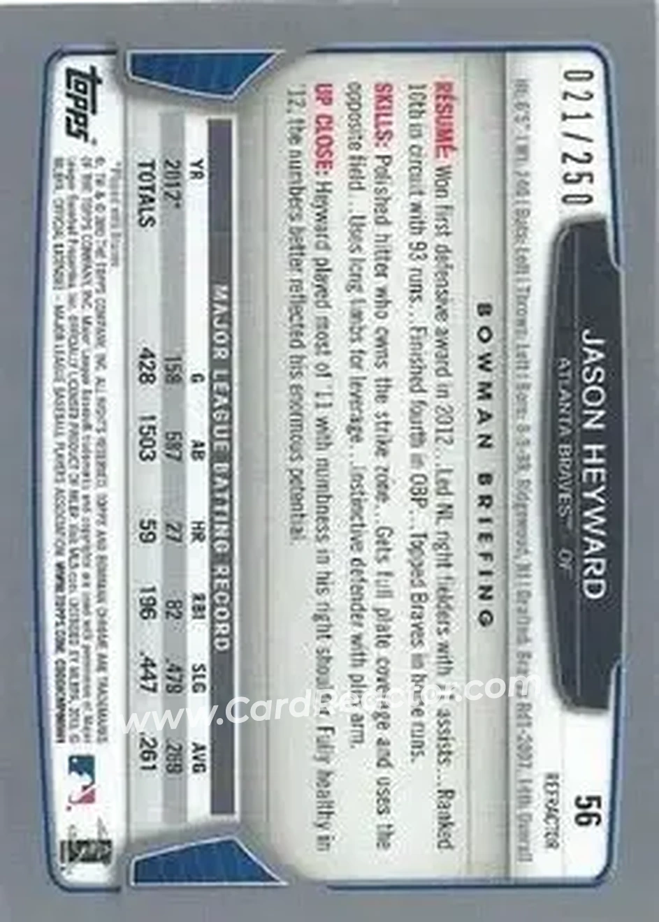 2013 Bowman Chrome - Blue Refractors #56 - Jason Heyward - Atlanta Braves - Back