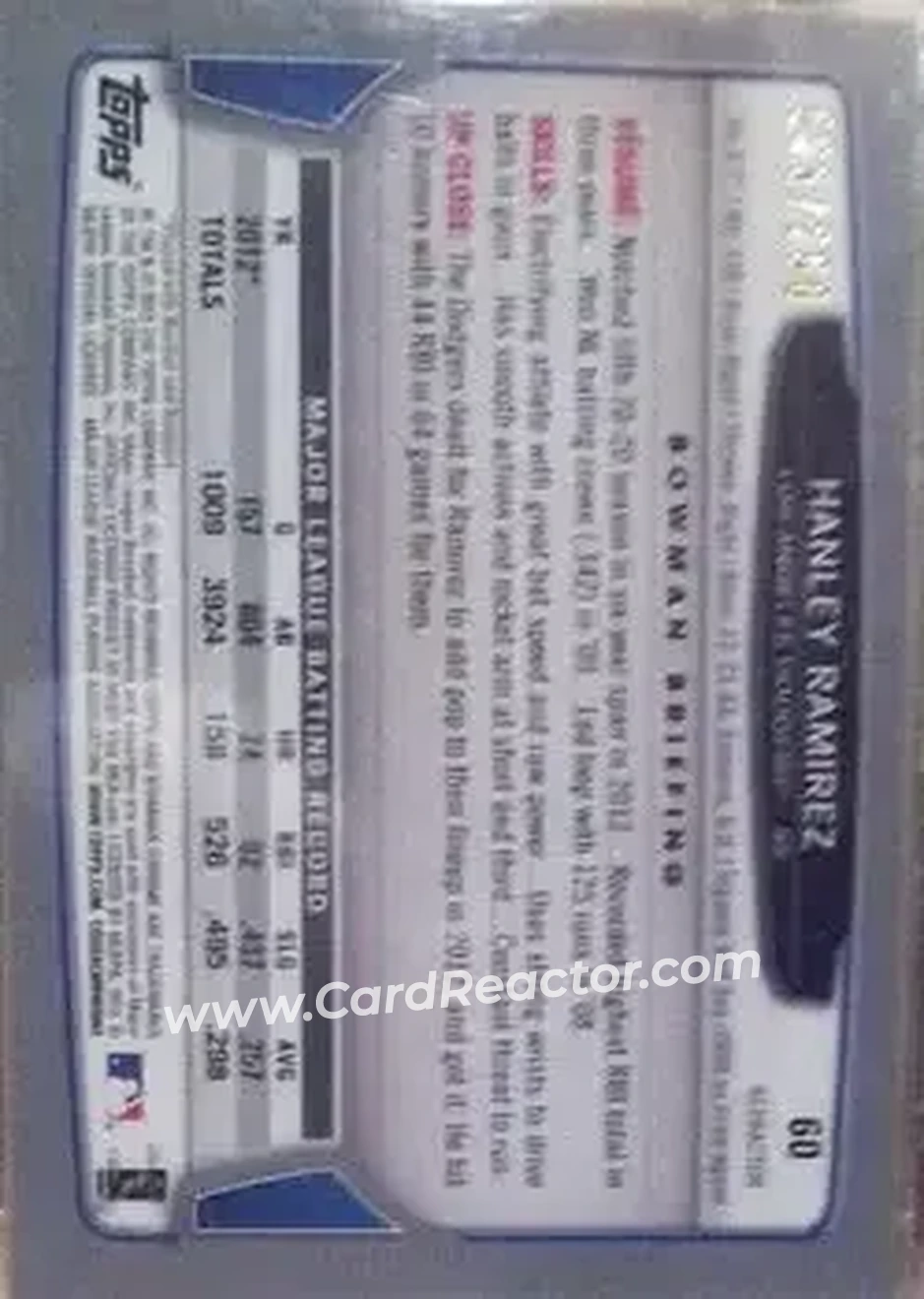 2013 Bowman Chrome - Blue Refractors #60 - Hanley Ramirez - Los Angeles Dodgers - Back 2013 Bowman Chrome - Blue Refractors #60 - Hanley Ramirez - Los Angeles Dodgers - Back