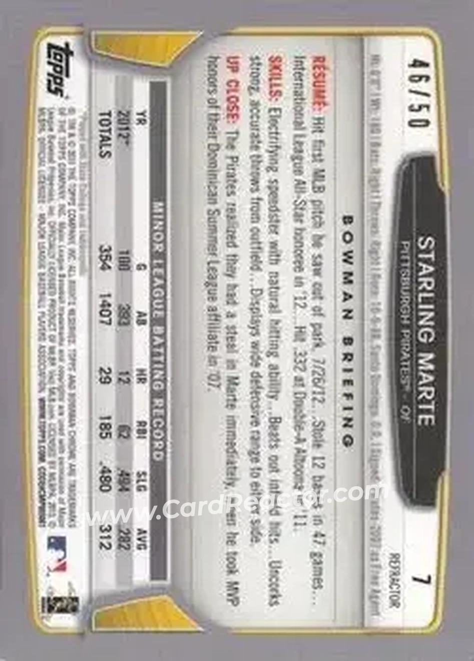 2013 Bowman Chrome - Gold Refractors #7 - Starling Marte - Pittsburgh Pirates - Back