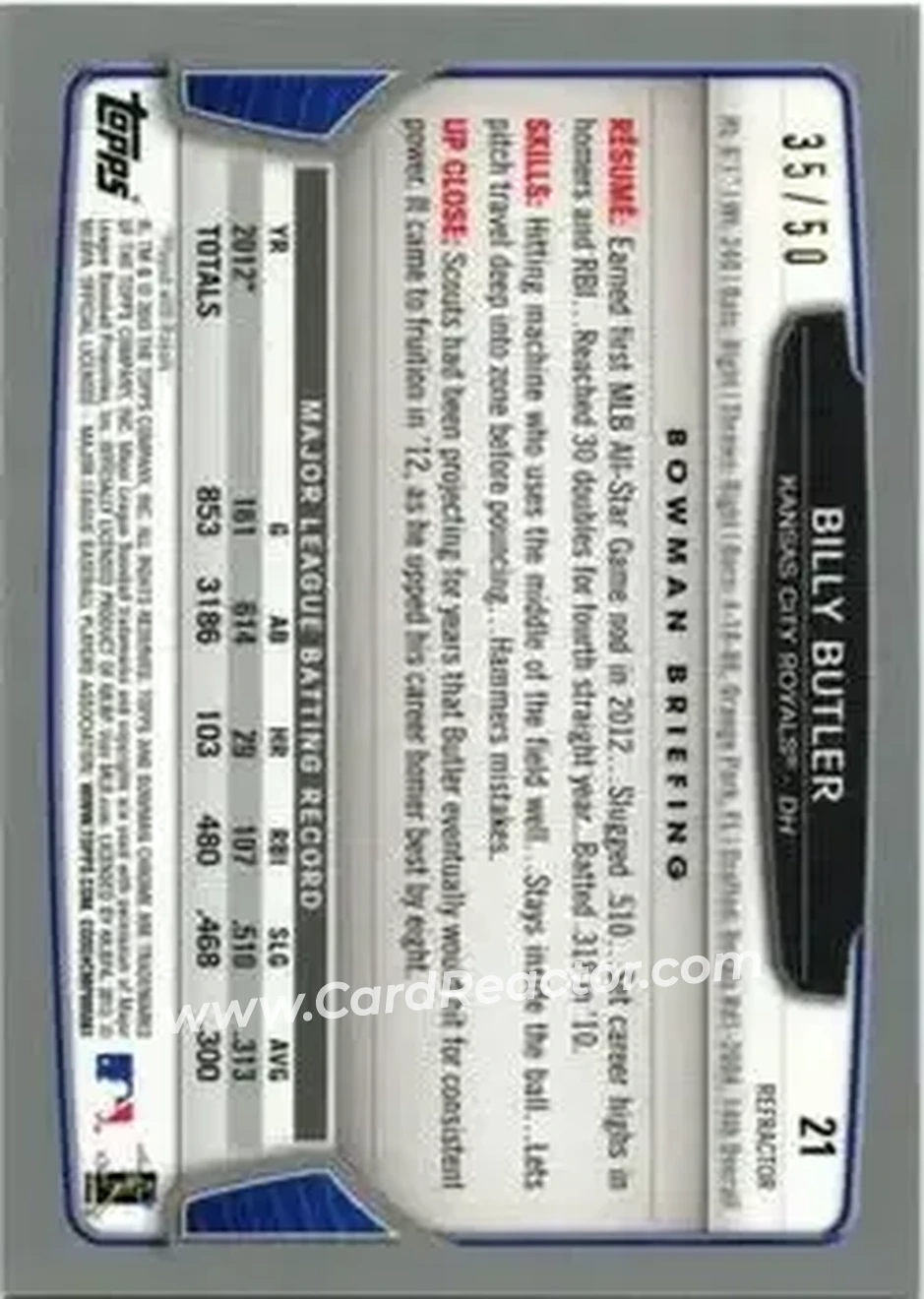 2013 Bowman Chrome - Gold Refractors #21 - Billy Butler - Kansas City Royals - Back 2013 Bowman Chrome - Gold Refractors #21 - Billy Butler - Kansas City Royals - Back