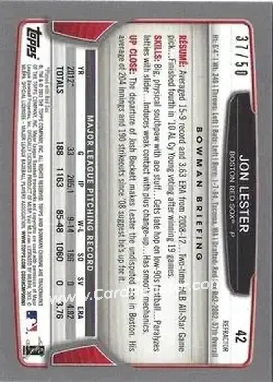 2013 Bowman Chrome - Gold Refractors #42 - Jon Lester - Boston Red Sox - Back