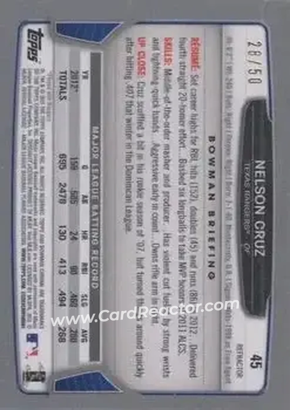 2013 Bowman Chrome - Gold Refractors #45 - Nelson Cruz - Texas Rangers - Back