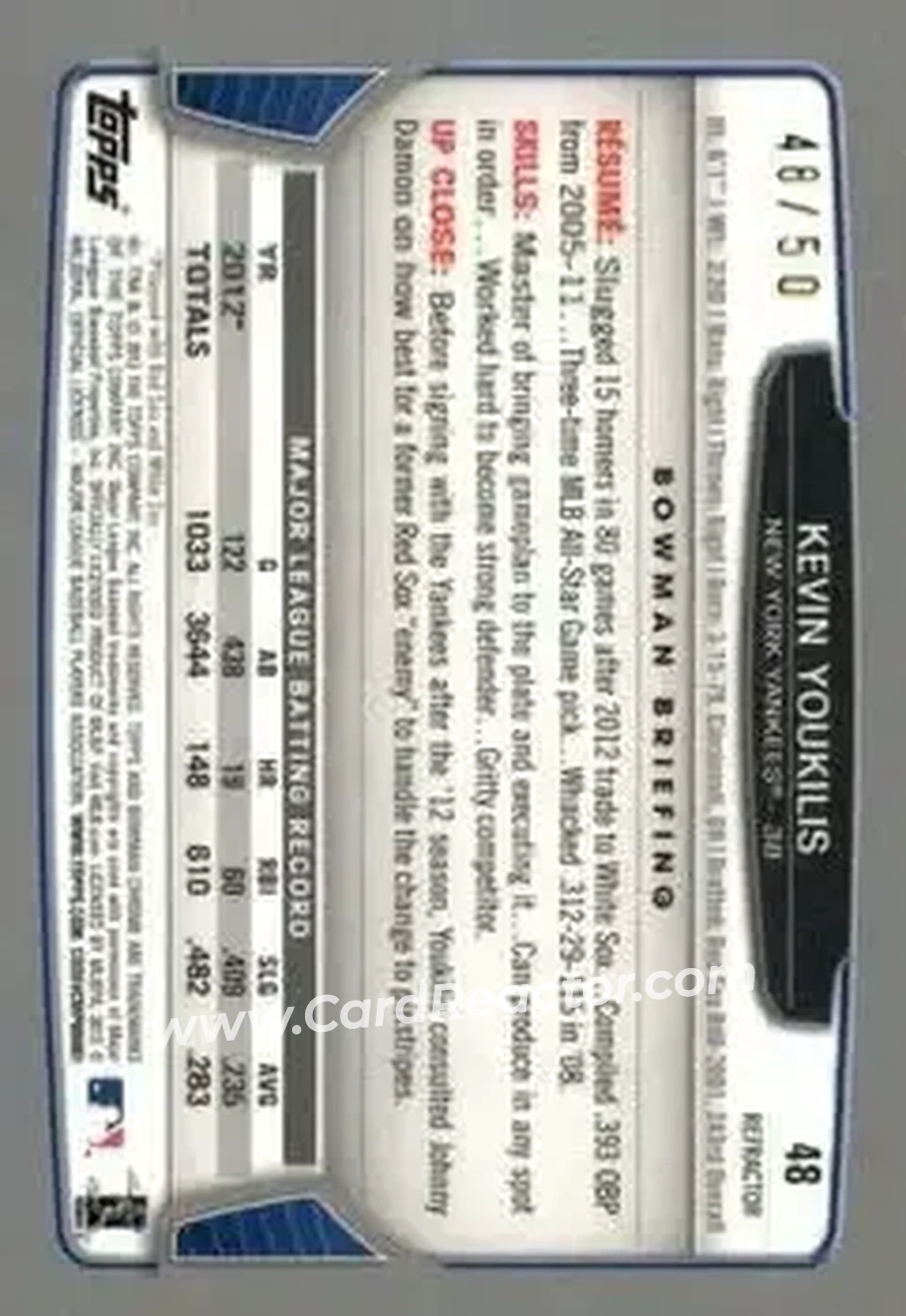 2013 Bowman Chrome - Gold Refractors #48 - Kevin Youkilis - New York Yankees - Back 2013 Bowman Chrome - Gold Refractors #48 - Kevin Youkilis - New York Yankees - Back