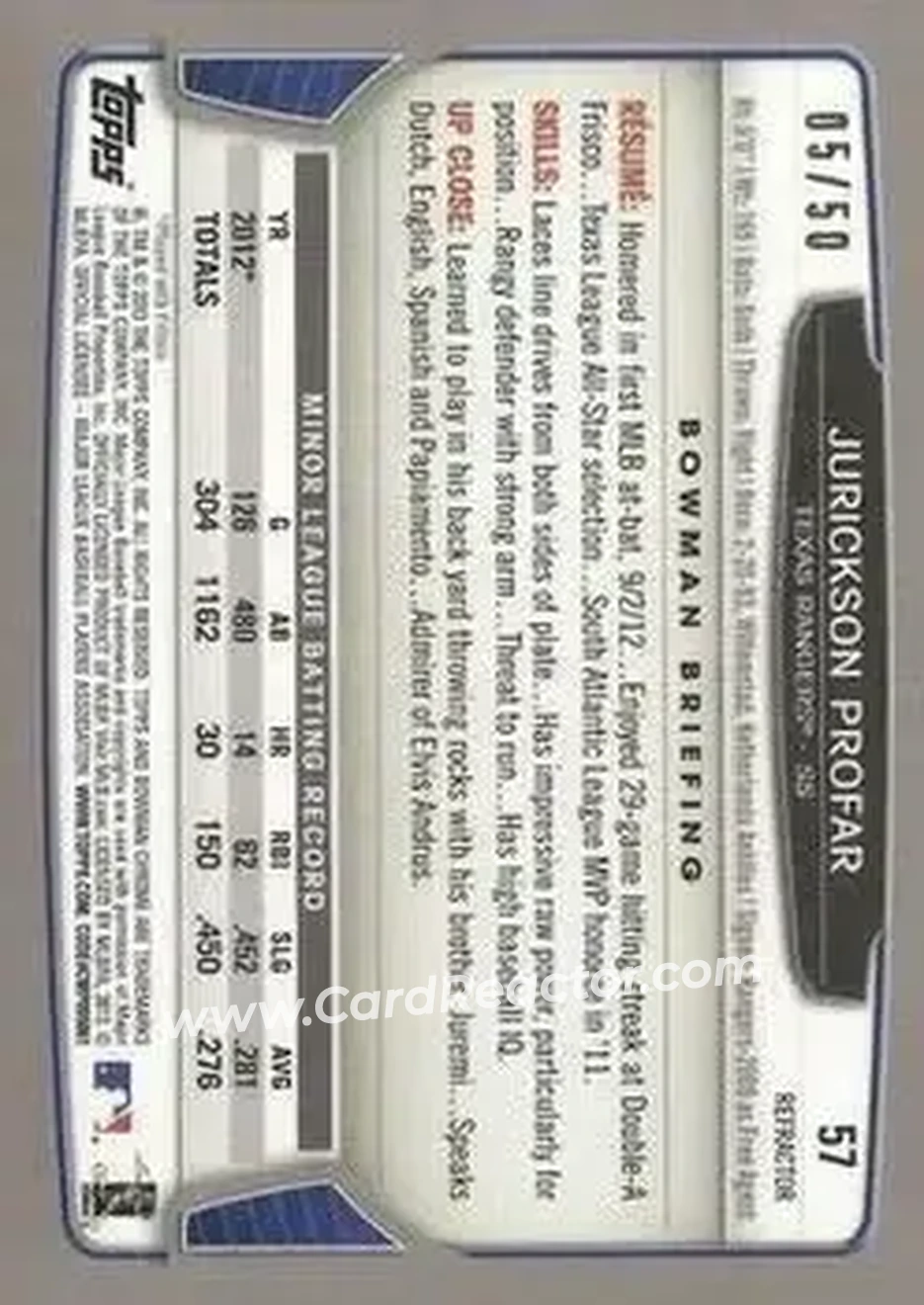 2013 Bowman Chrome - Gold Refractors #57 - Jurickson Profar - Texas Rangers - Back