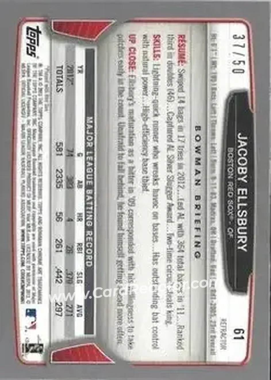 2013 Bowman Chrome - Gold Refractors #61 - Jacoby Ellsbury - Boston Red Sox - Back