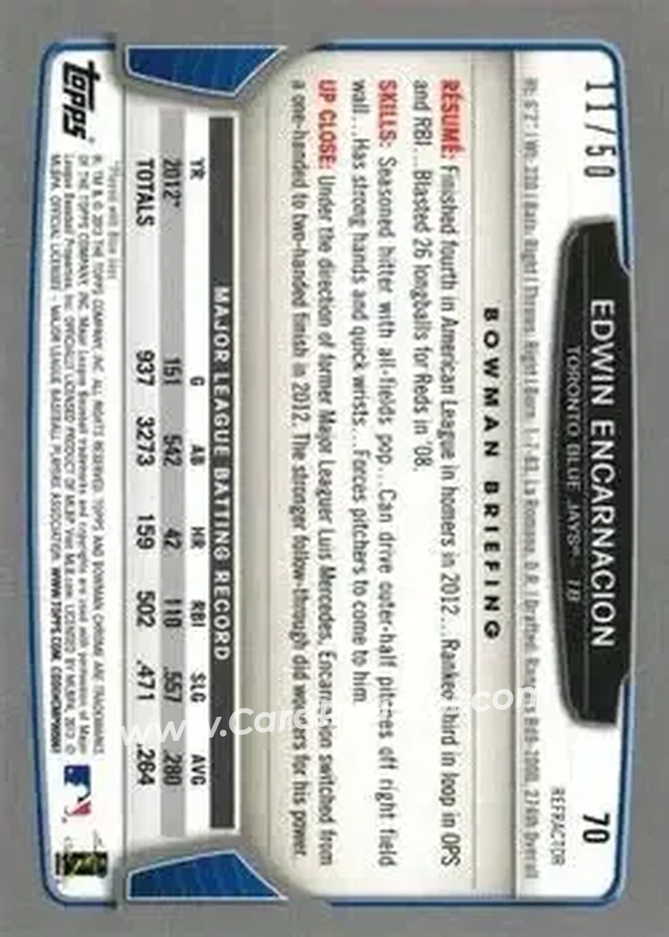 2013 Bowman Chrome - Gold Refractors #70 - Edwin Encarnacion - Toronto Blue Jays - Back