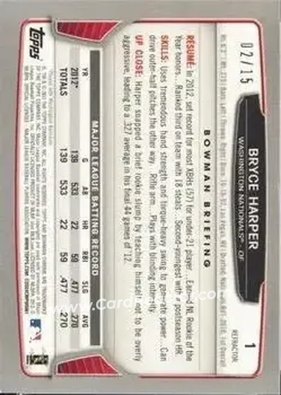 2013 Bowman Chrome - Black Refractors #1 - Bryce Harper - Washington Nationals - Back 2013 Bowman Chrome - Black Refractors #1 - Bryce Harper - Washington Nationals - Back