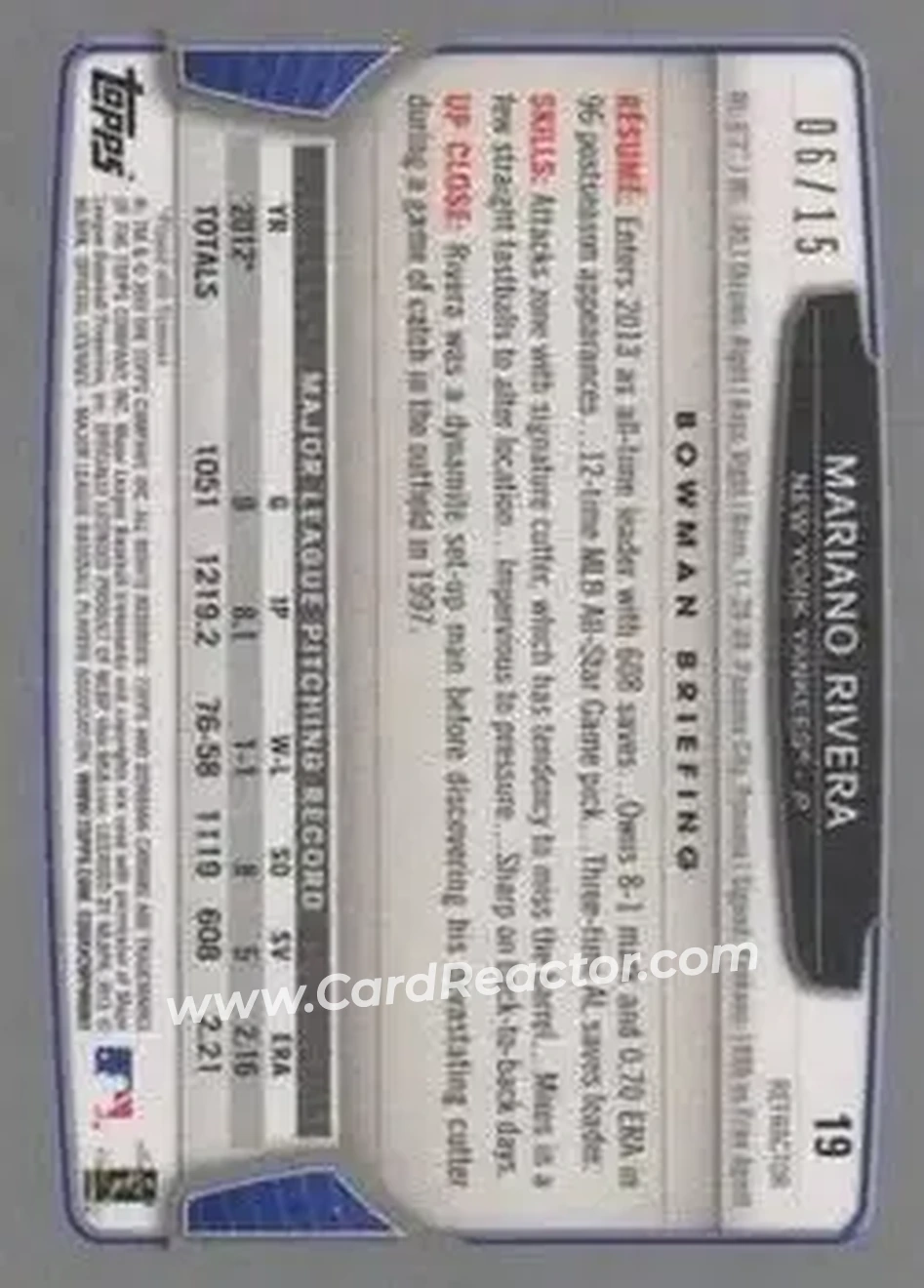 2013 Bowman Chrome - Black Refractors #19 - Mariano Rivera - New York Yankees - Back