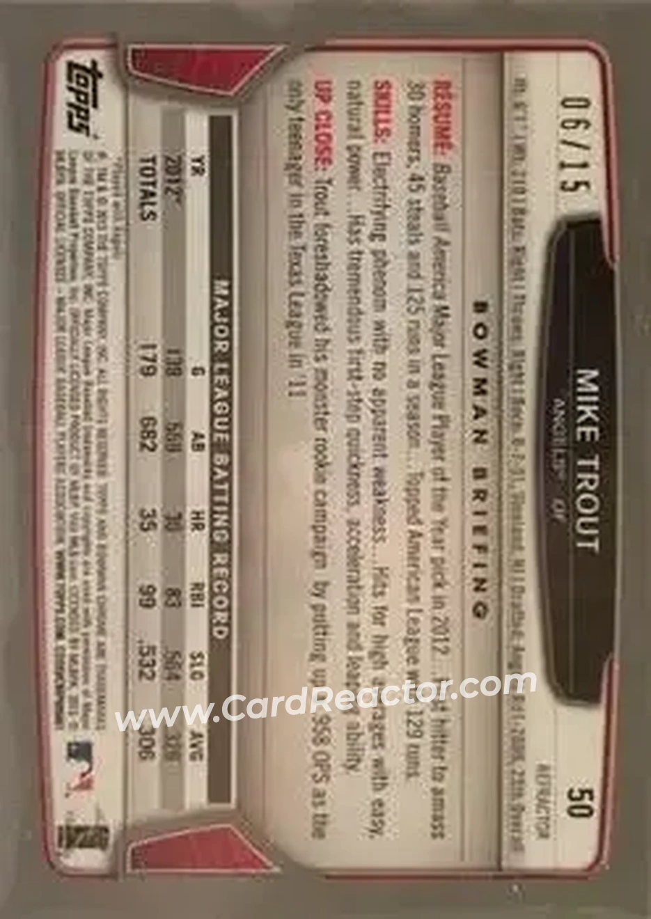 2013 Bowman Chrome - Black Refractors #50 - Mike Trout - Los Angeles Angels - Back