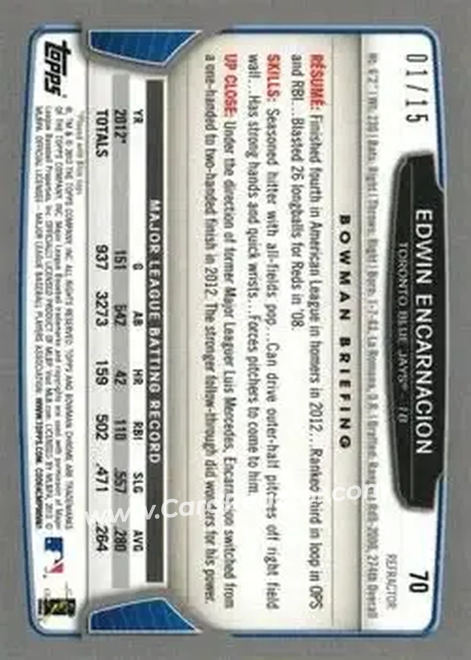 2013 Bowman Chrome - Black Refractors #70 - Edwin Encarnacion - Toronto Blue Jays - Back