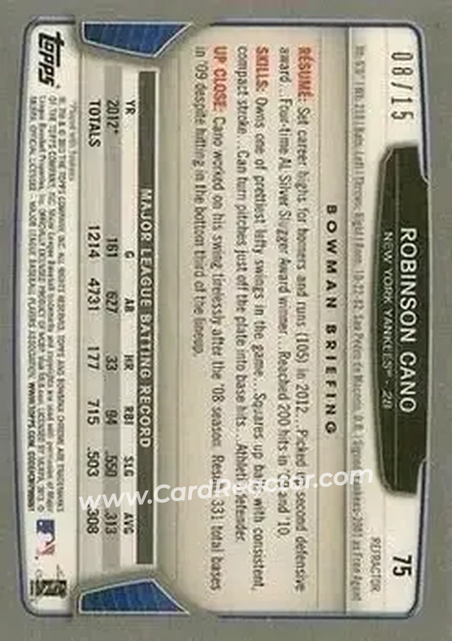 2013 Bowman Chrome - Black Refractors #75 - Robinson Cano - New York Yankees - Back