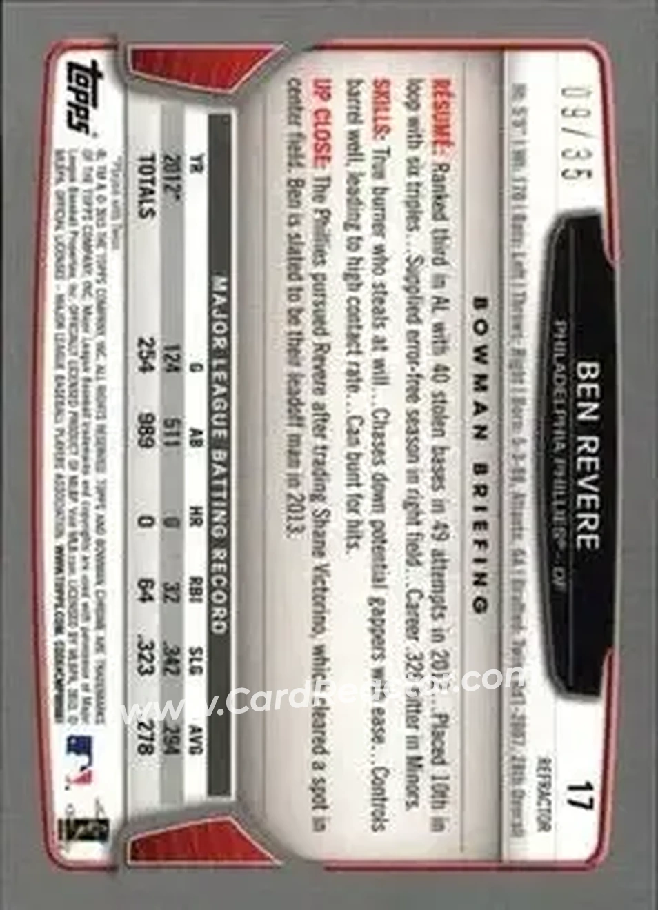 2013 Bowman Chrome - Magenta Refractors #17 - Ben Revere - Philadelphia Phillies - Back