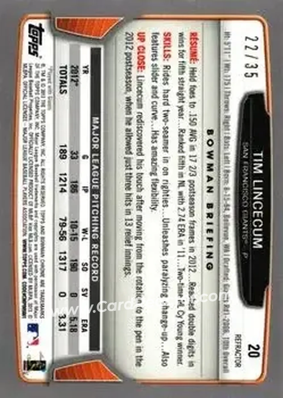 2013 Bowman Chrome - Magenta Refractors #20 - Tim Lincecum - San Francisco Giants - Back
