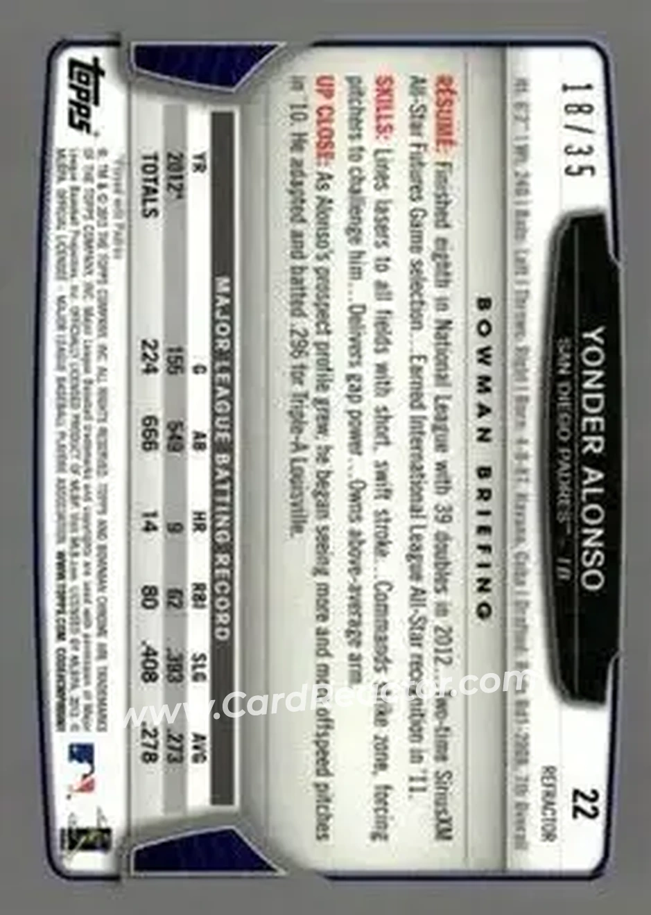 2013 Bowman Chrome - Magenta Refractors #22 - Yonder Alonso - San Diego Padres - Back 2013 Bowman Chrome - Magenta Refractors #22 - Yonder Alonso - San Diego Padres - Back