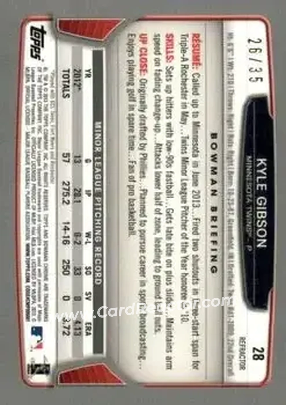 2013 Bowman Chrome - Magenta Refractors #28 - Kyle Gibson - Minnesota Twins - Back