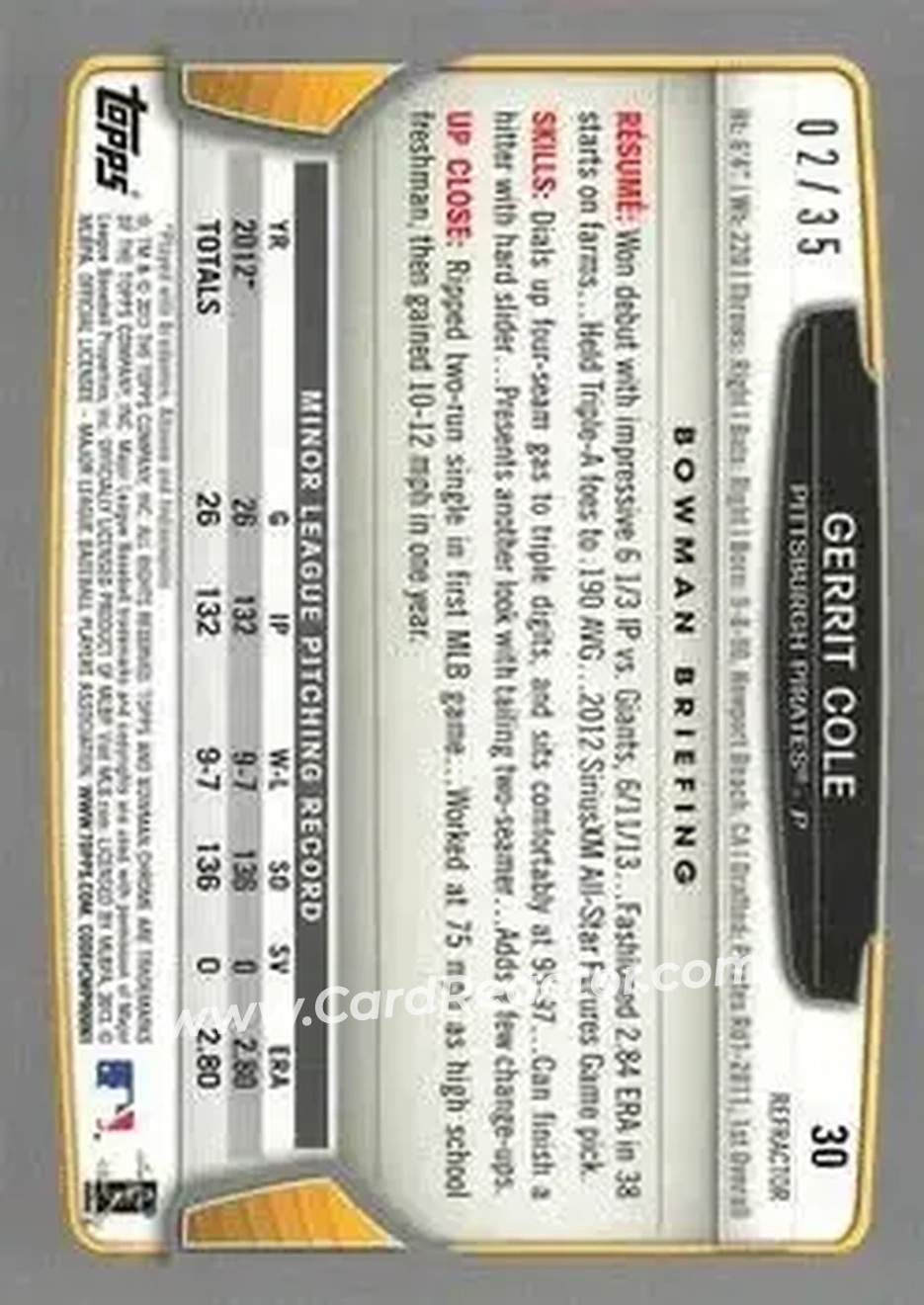 2013 Bowman Chrome - Magenta Refractors #30 - Gerrit Cole - Pittsburgh Pirates - Back
