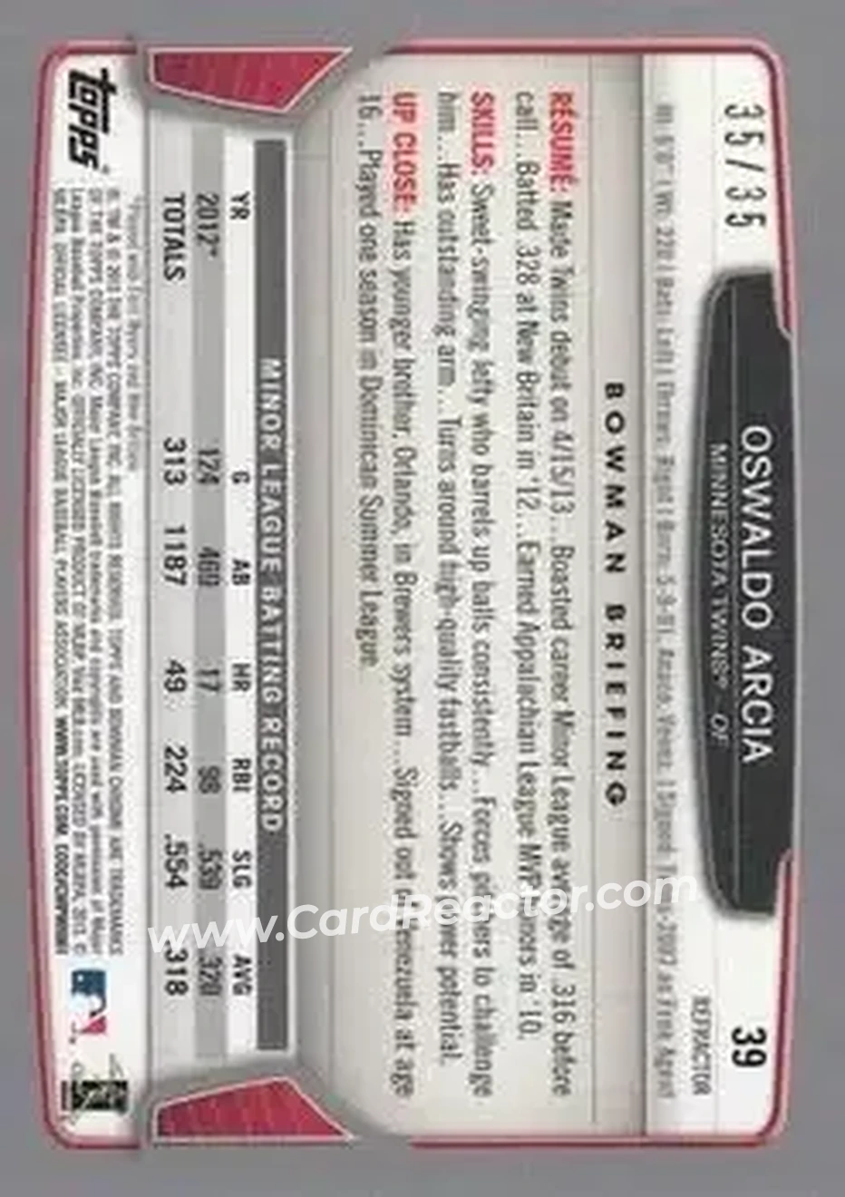 2013 Bowman Chrome - Magenta Refractors #39 - Oswaldo Arcia - Minnesota Twins - Back