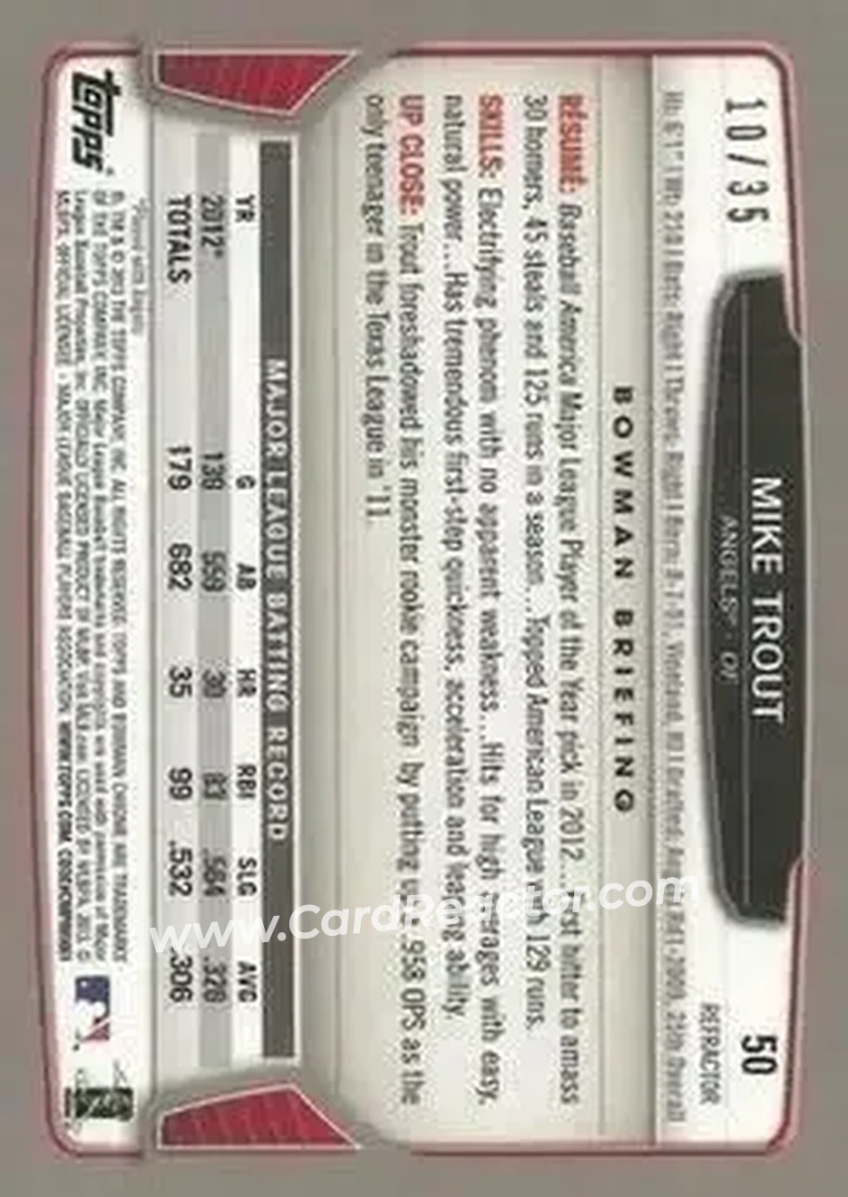 2013 Bowman Chrome - Magenta Refractors #50 - Mike Trout - Los Angeles Angels - Back 2013 Bowman Chrome - Magenta Refractors #50 - Mike Trout - Los Angeles Angels - Back