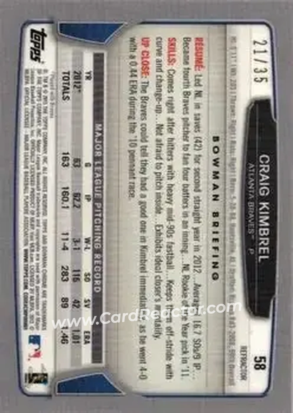 2013 Bowman Chrome - Magenta Refractors #58 - Craig Kimbrel - Atlanta Braves - Back 2013 Bowman Chrome - Magenta Refractors #58 - Craig Kimbrel - Atlanta Braves - Back