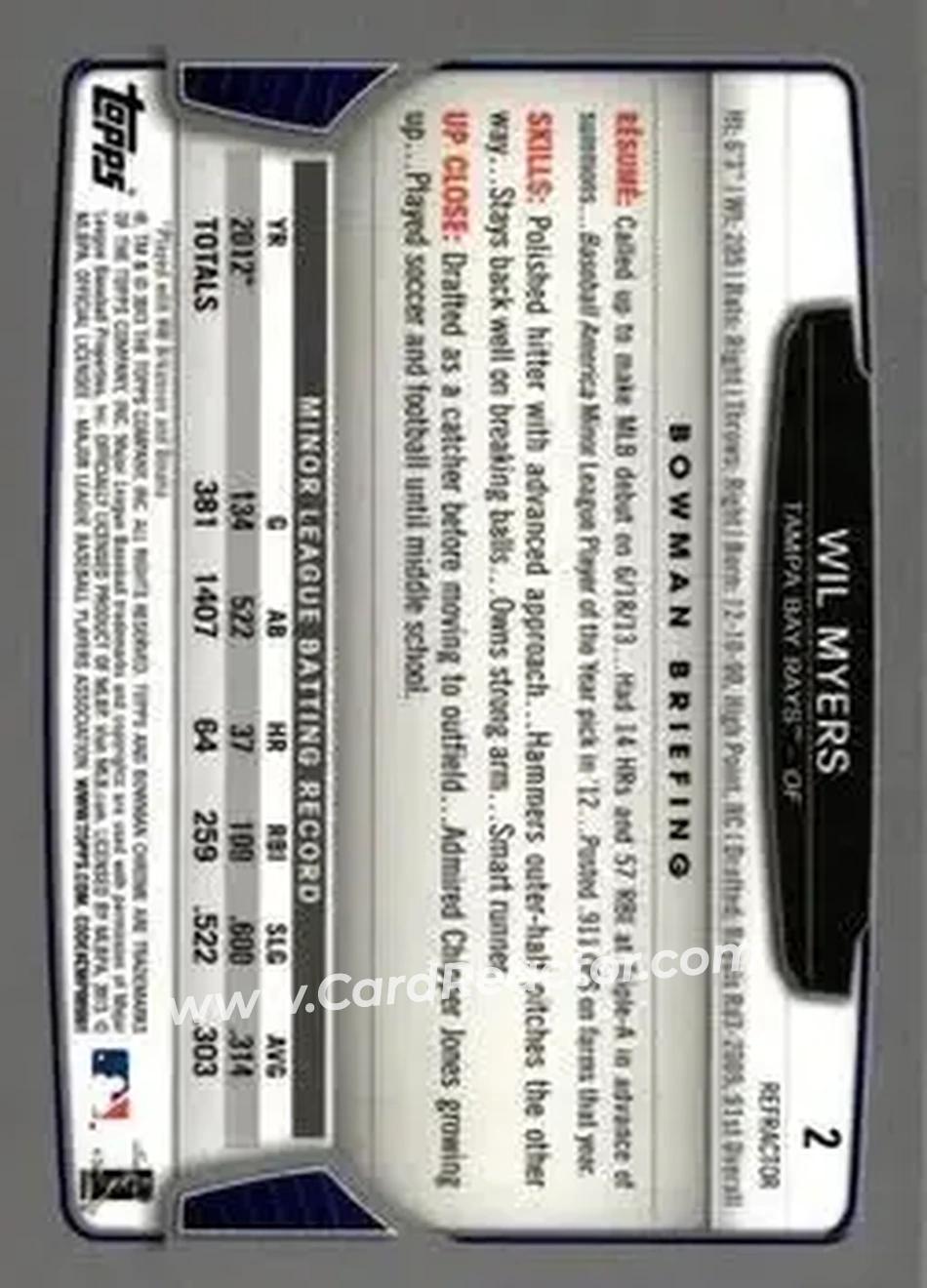2013 Bowman Chrome - Green Refractors #2 - Wil Myers - Tampa Bay Rays - Back 2013 Bowman Chrome - Green Refractors #2 - Wil Myers - Tampa Bay Rays - Back
