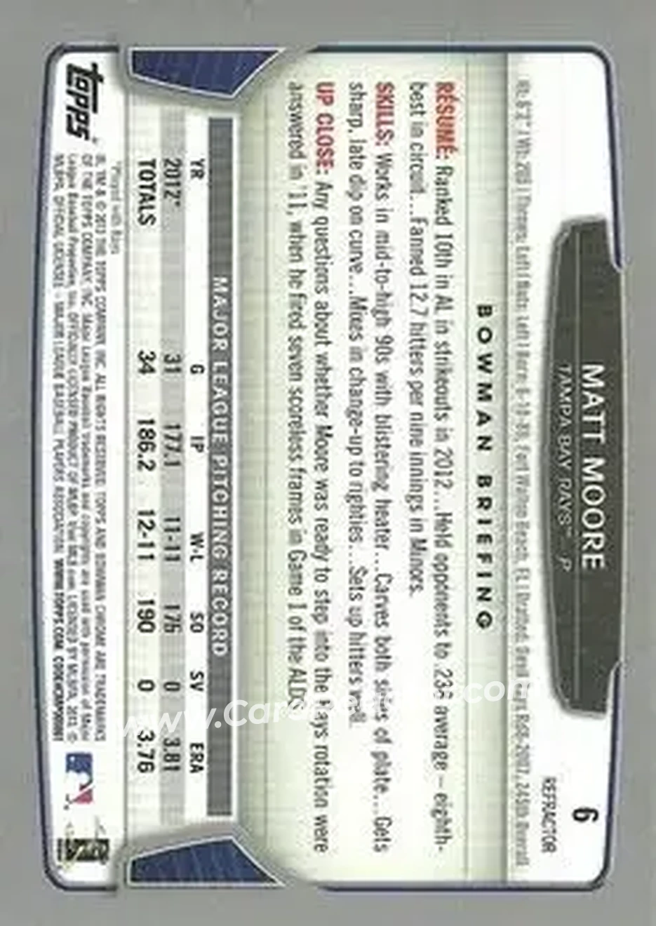 2013 Bowman Chrome - Green Refractors #6 - Matt Moore - Tampa Bay Rays - Back