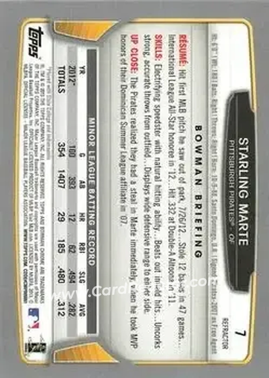 2013 Bowman Chrome - Green Refractors #7 - Starling Marte - Pittsburgh Pirates - Back
