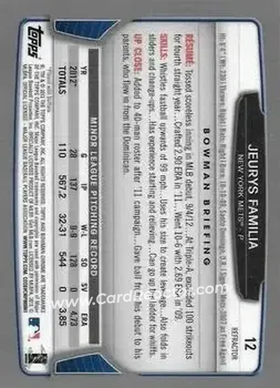 2013 Bowman Chrome - Green Refractors #12 - Jeurys Familia - New York Mets - Back