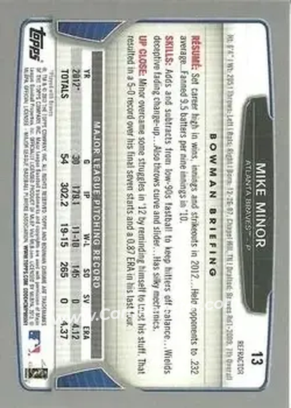 2013 Bowman Chrome - Green Refractors #13 - Mike Minor - Atlanta Braves - Back