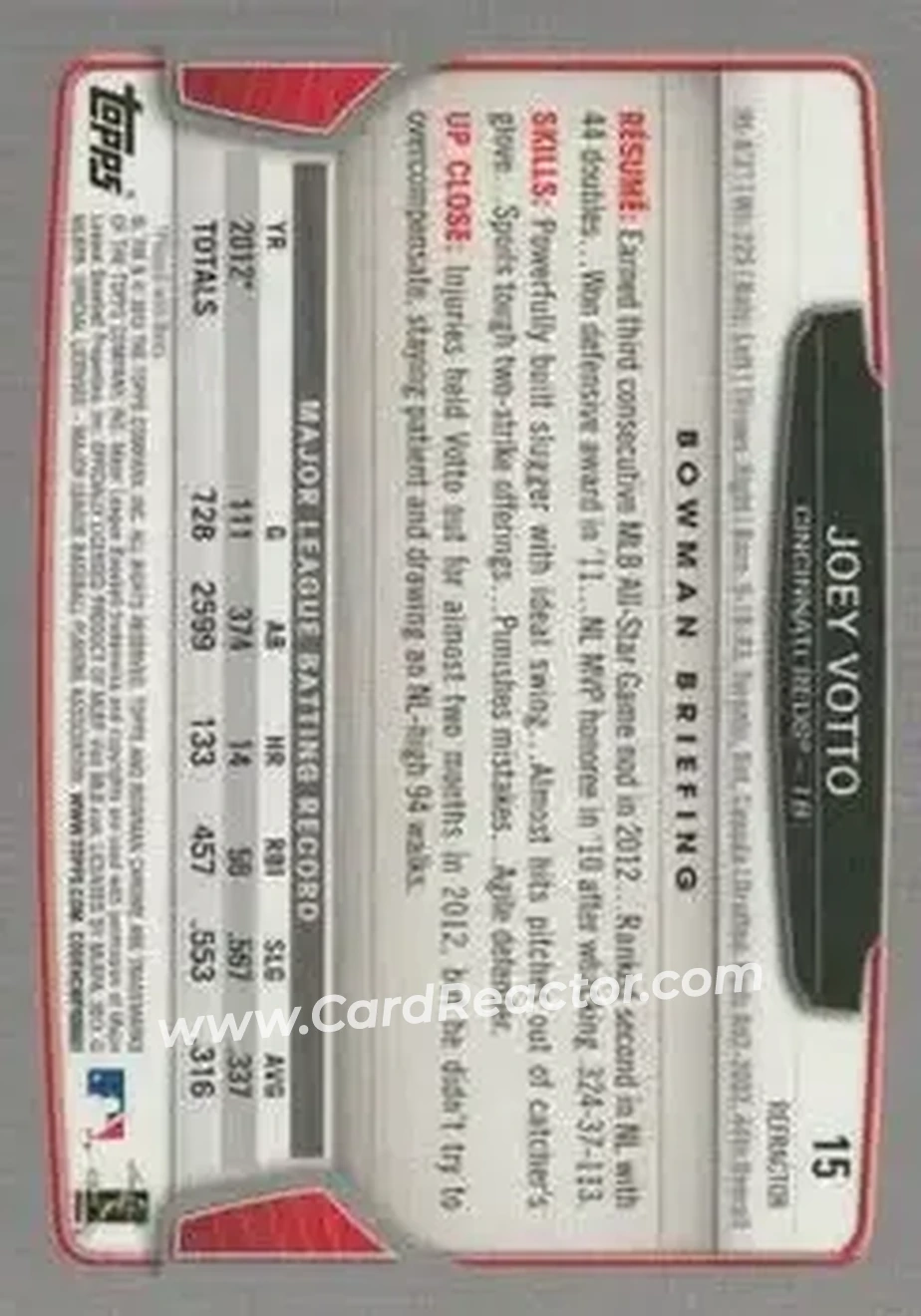 2013 Bowman Chrome - Green Refractors #15 - Joey Votto - Cincinnati Reds - Back