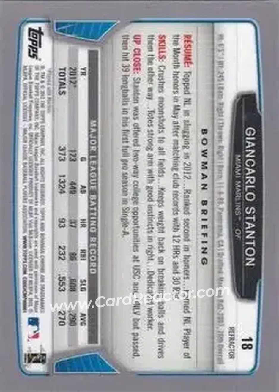 2013 Bowman Chrome - Green Refractors #18 - Giancarlo Stanton - Miami Marlins - Back