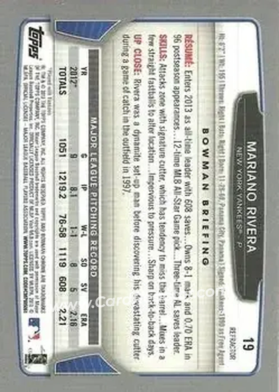 2013 Bowman Chrome - Green Refractors #19 - Mariano Rivera - New York Yankees - Back 2013 Bowman Chrome - Green Refractors #19 - Mariano Rivera - New York Yankees - Back