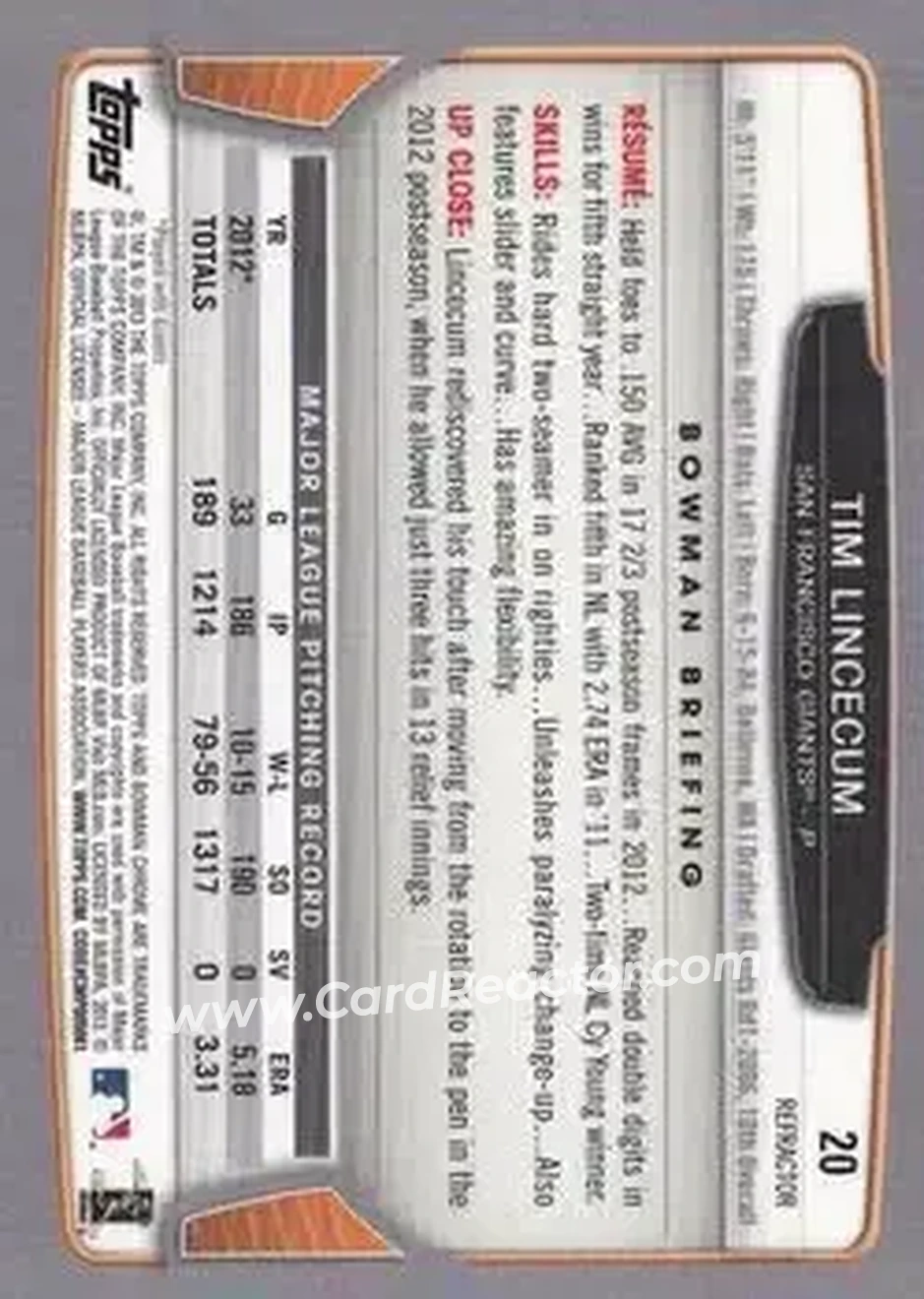 2013 Bowman Chrome - Green Refractors #20 - Tim Lincecum - San Francisco Giants - Back