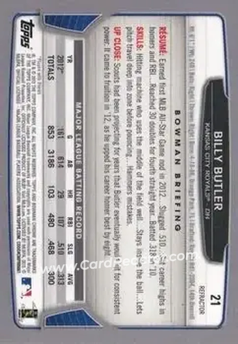 2013 Bowman Chrome - Green Refractors #21 - Billy Butler - Kansas City Royals - Back