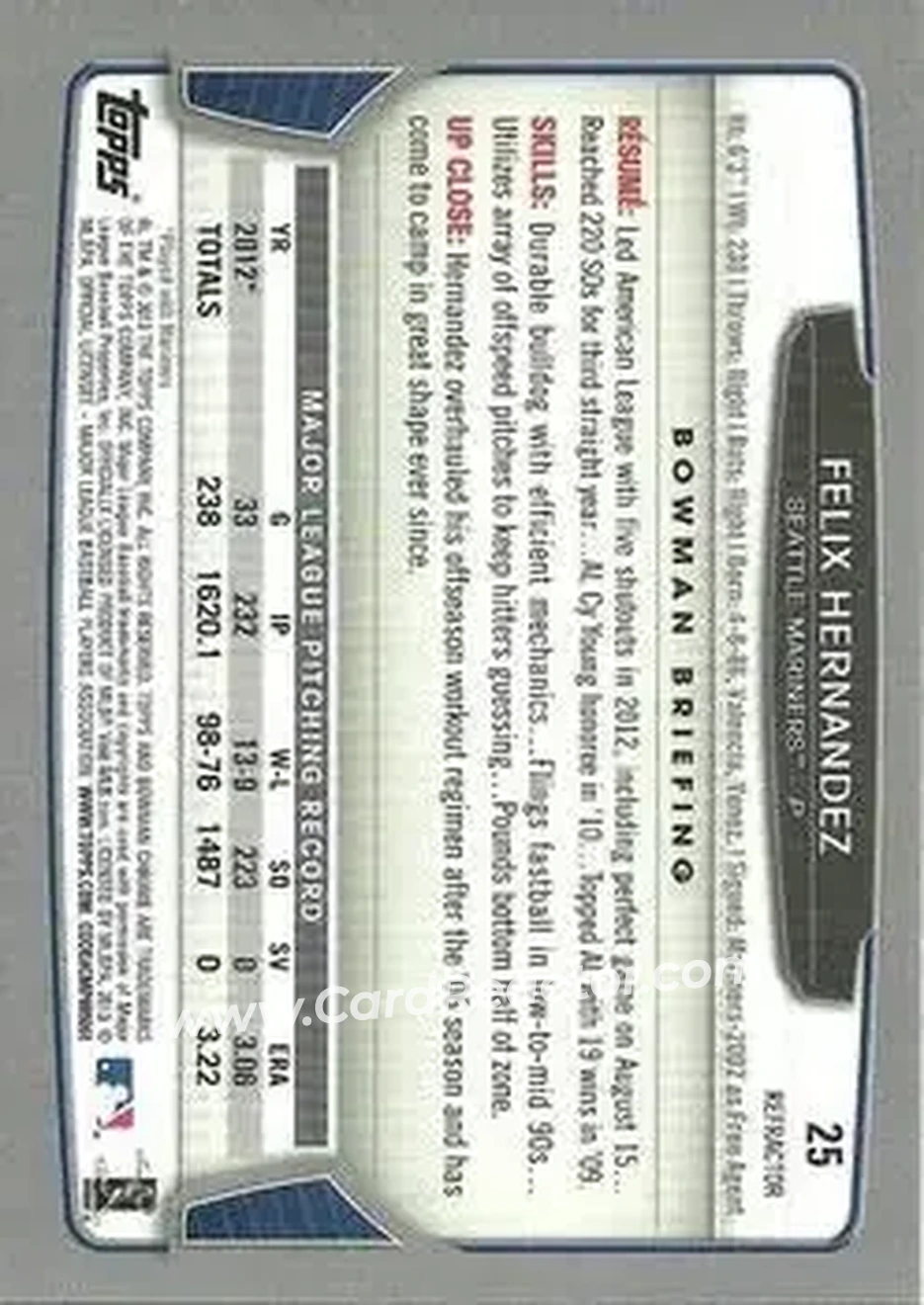 2013 Bowman Chrome - Green Refractors #25 - Felix Hernandez - Seattle Mariners - Back