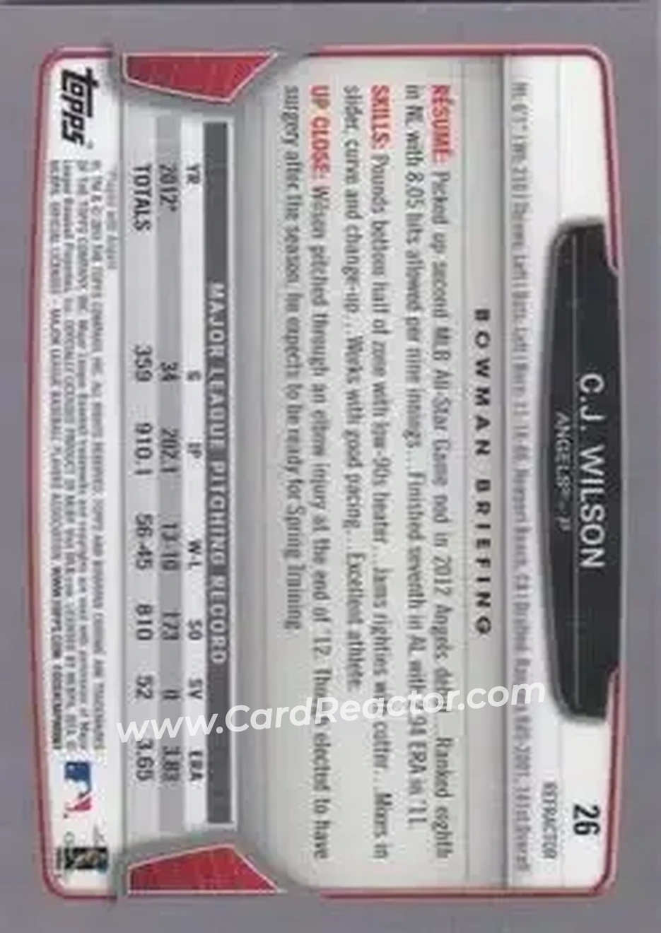 2013 Bowman Chrome - Green Refractors #26 - C.J. Wilson - Los Angeles Angels - Back