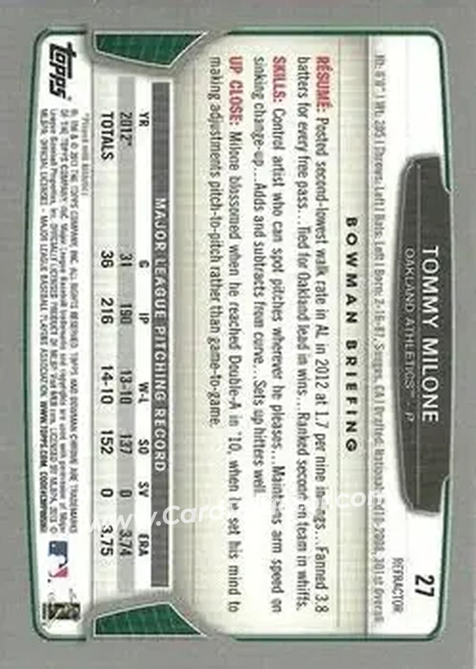 2013 Bowman Chrome - Green Refractors #27 - Tommy Milone - Oakland Athletics - Back