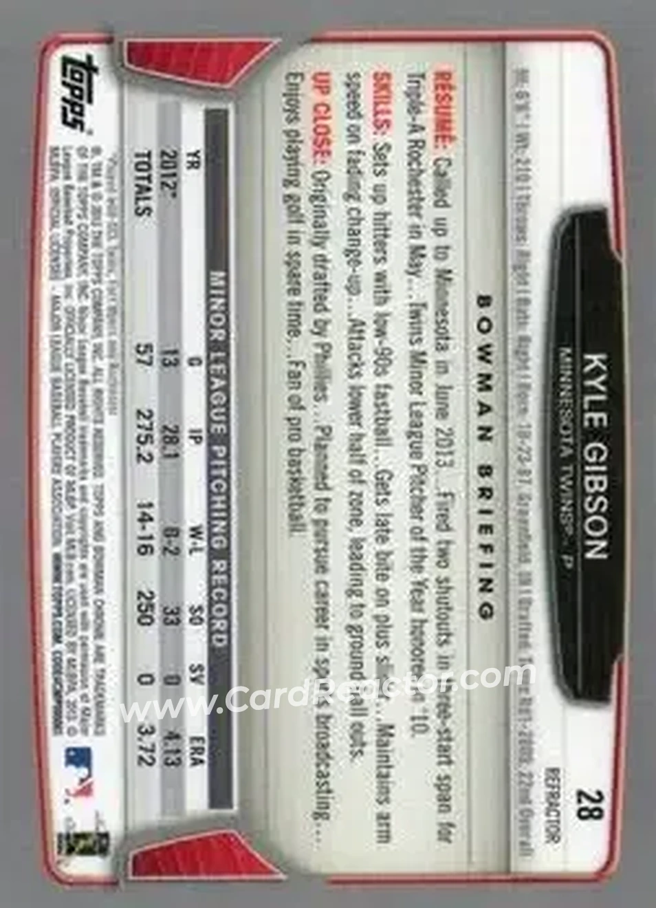 2013 Bowman Chrome - Green Refractors #28 - Kyle Gibson - Minnesota Twins - Back