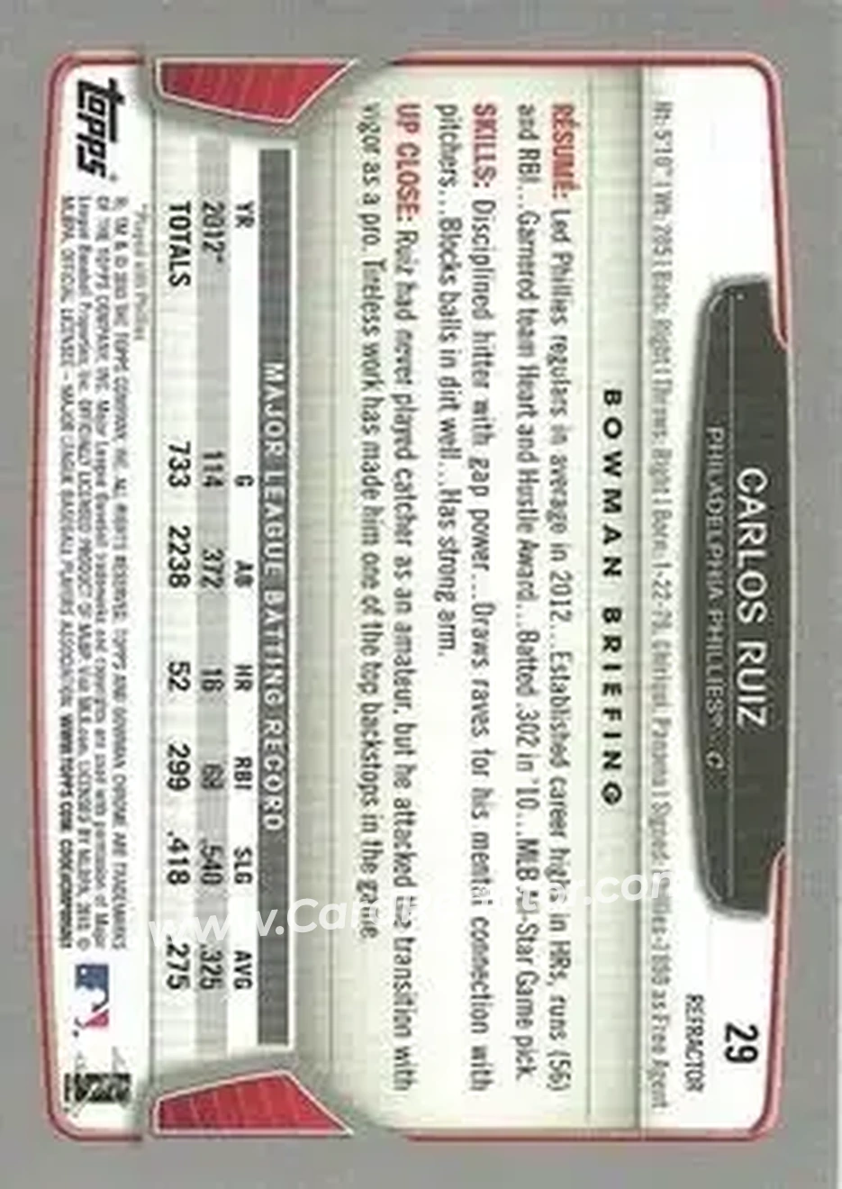 2013 Bowman Chrome - Green Refractors #29 - Carlos Ruiz - Philadelphia Phillies - Back