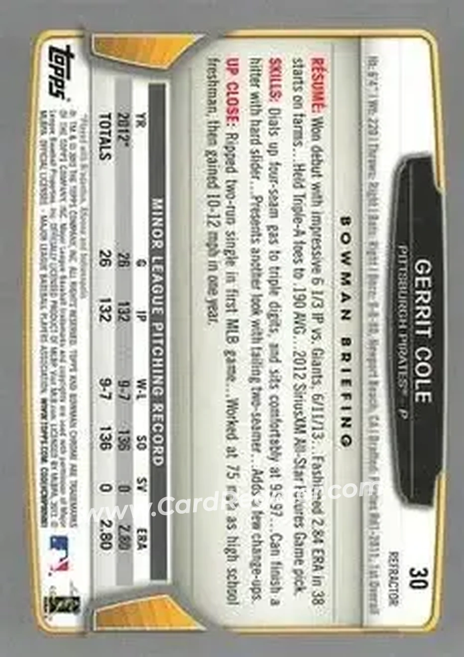 2013 Bowman Chrome - Green Refractors #30 - Gerrit Cole - Pittsburgh Pirates - Back