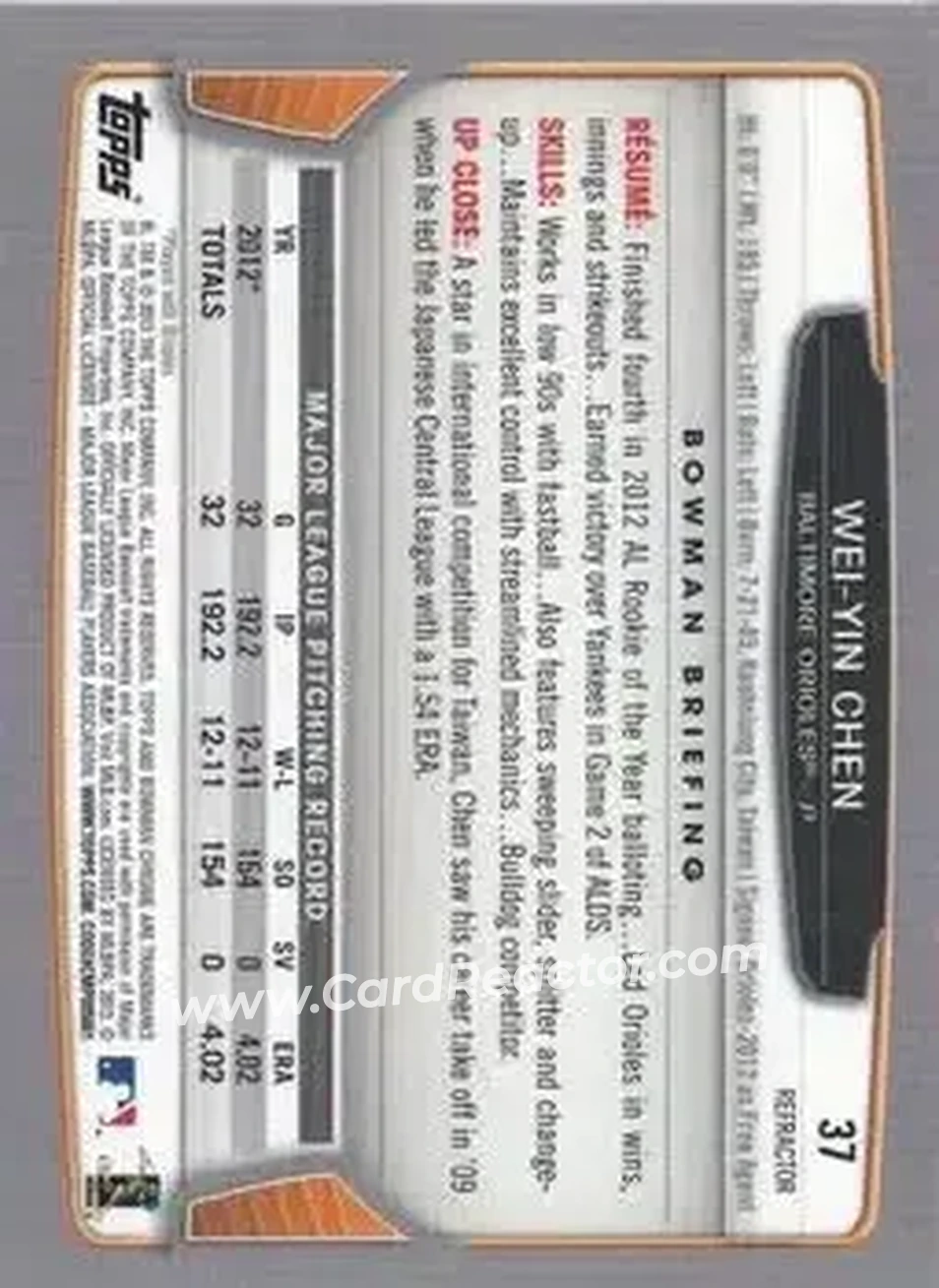 2013 Bowman Chrome - Green Refractors #37 - Wei-Yin Chen - Baltimore Orioles - Back 2013 Bowman Chrome - Green Refractors #37 - Wei-Yin Chen - Baltimore Orioles - Back