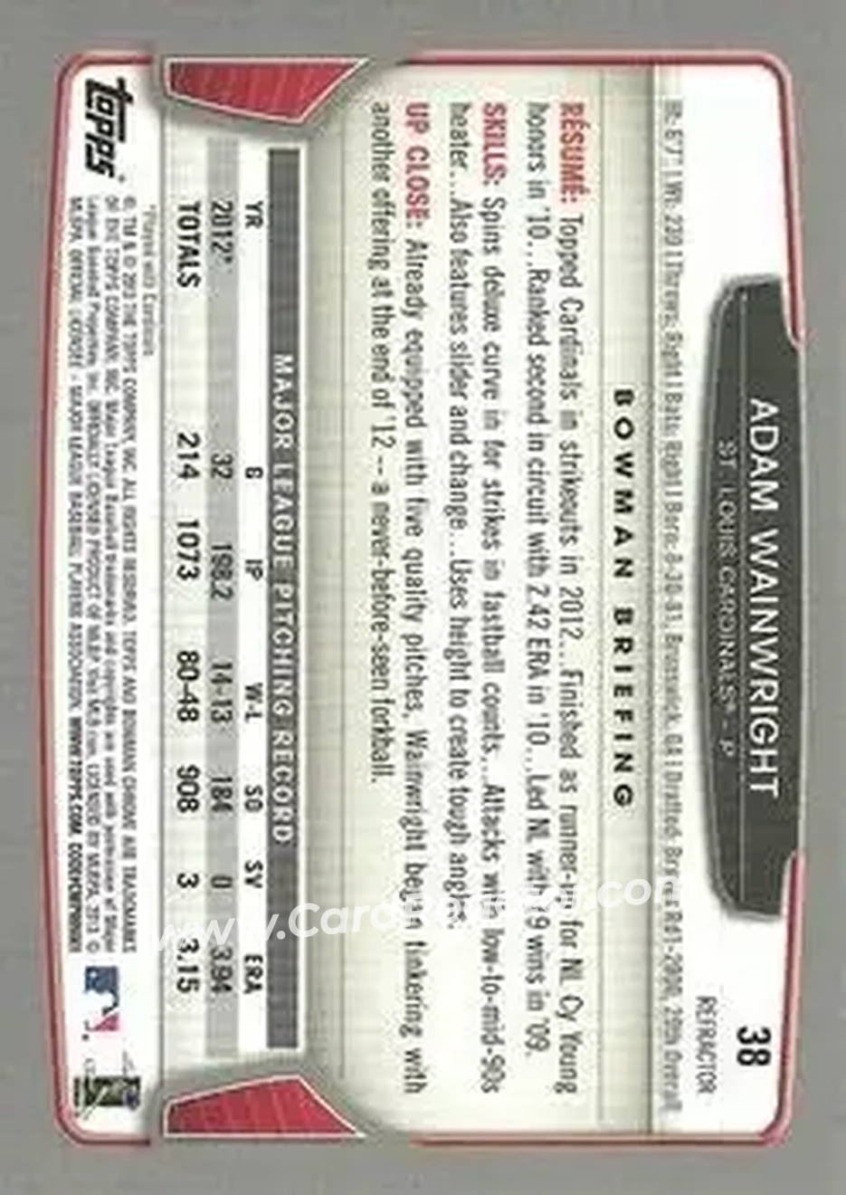 2013 Bowman Chrome - Green Refractors #38 - Adam Wainwright - St. Louis Cardinals - Back