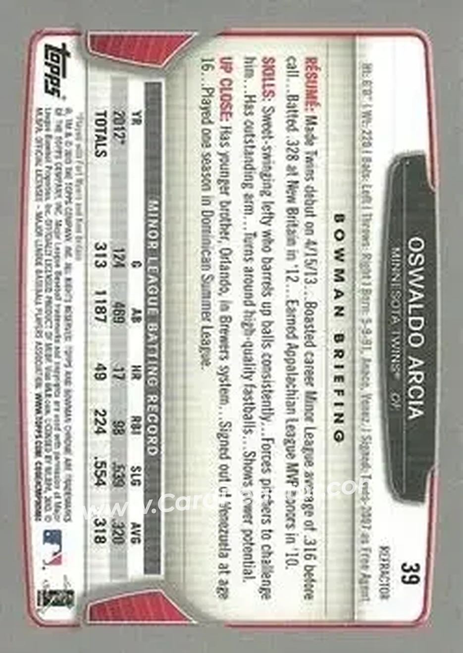 2013 Bowman Chrome - Green Refractors #39 - Oswaldo Arcia - Minnesota Twins - Back