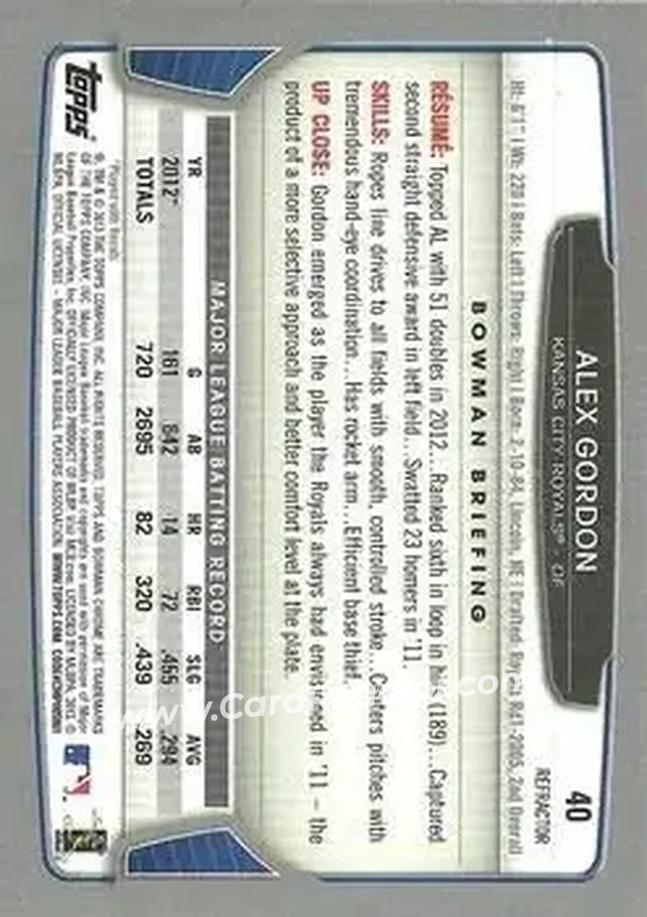 2013 Bowman Chrome - Green Refractors #40 - Alex Gordon - Kansas City Royals - Back