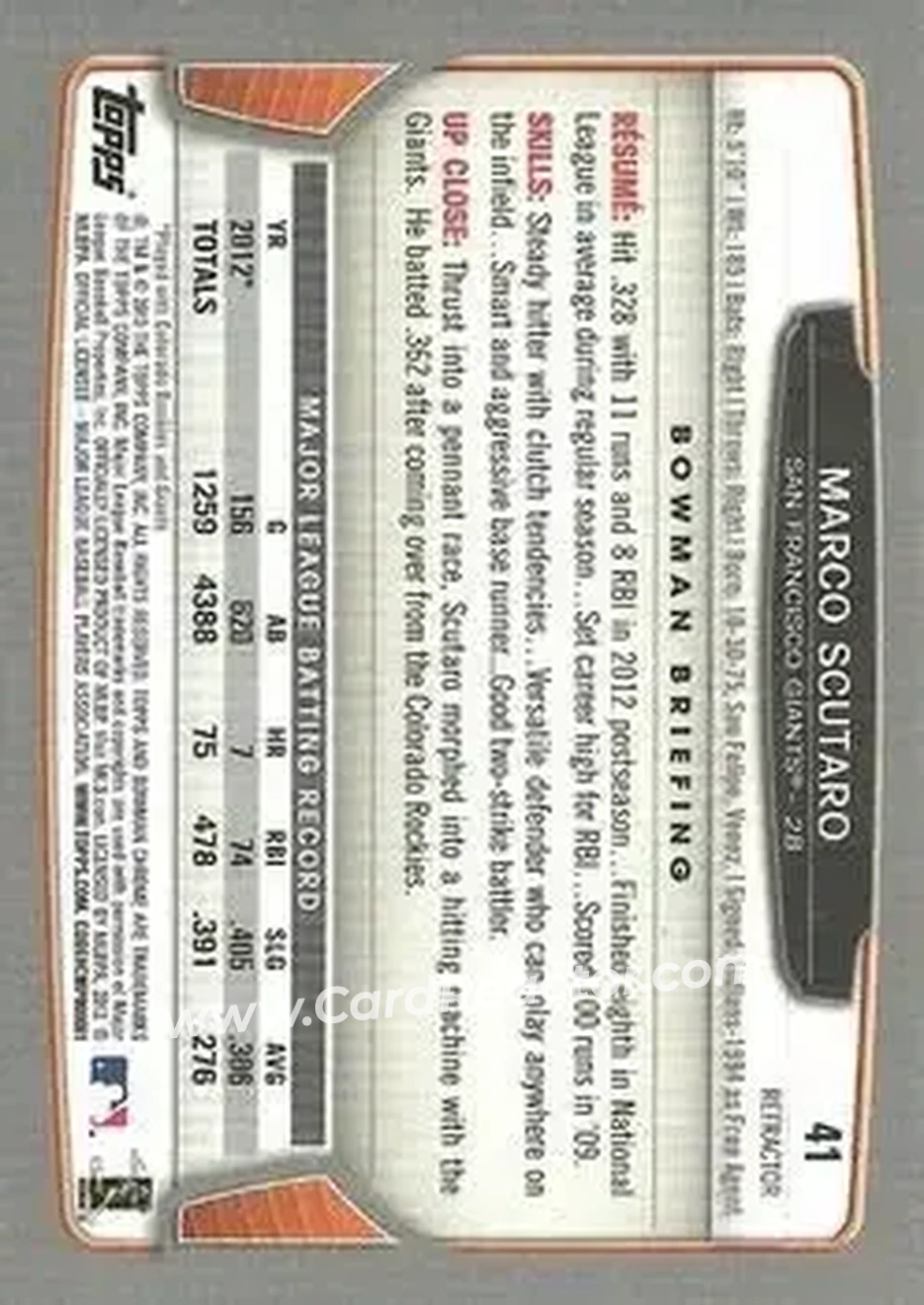2013 Bowman Chrome - Green Refractors #41 - Marco Scutaro - San Francisco Giants - Back