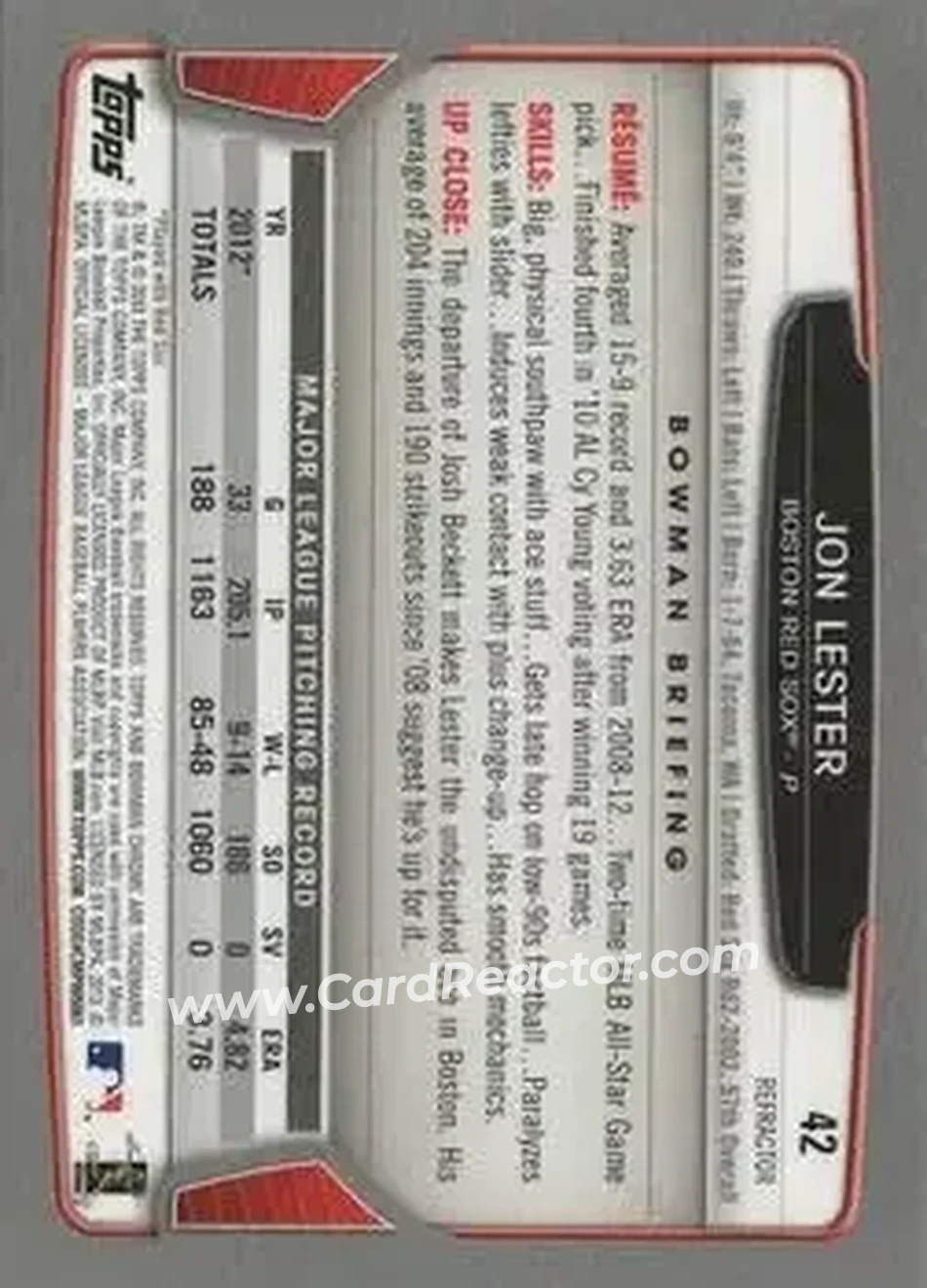 2013 Bowman Chrome - Green Refractors #42 - Jon Lester - Boston Red Sox - Back